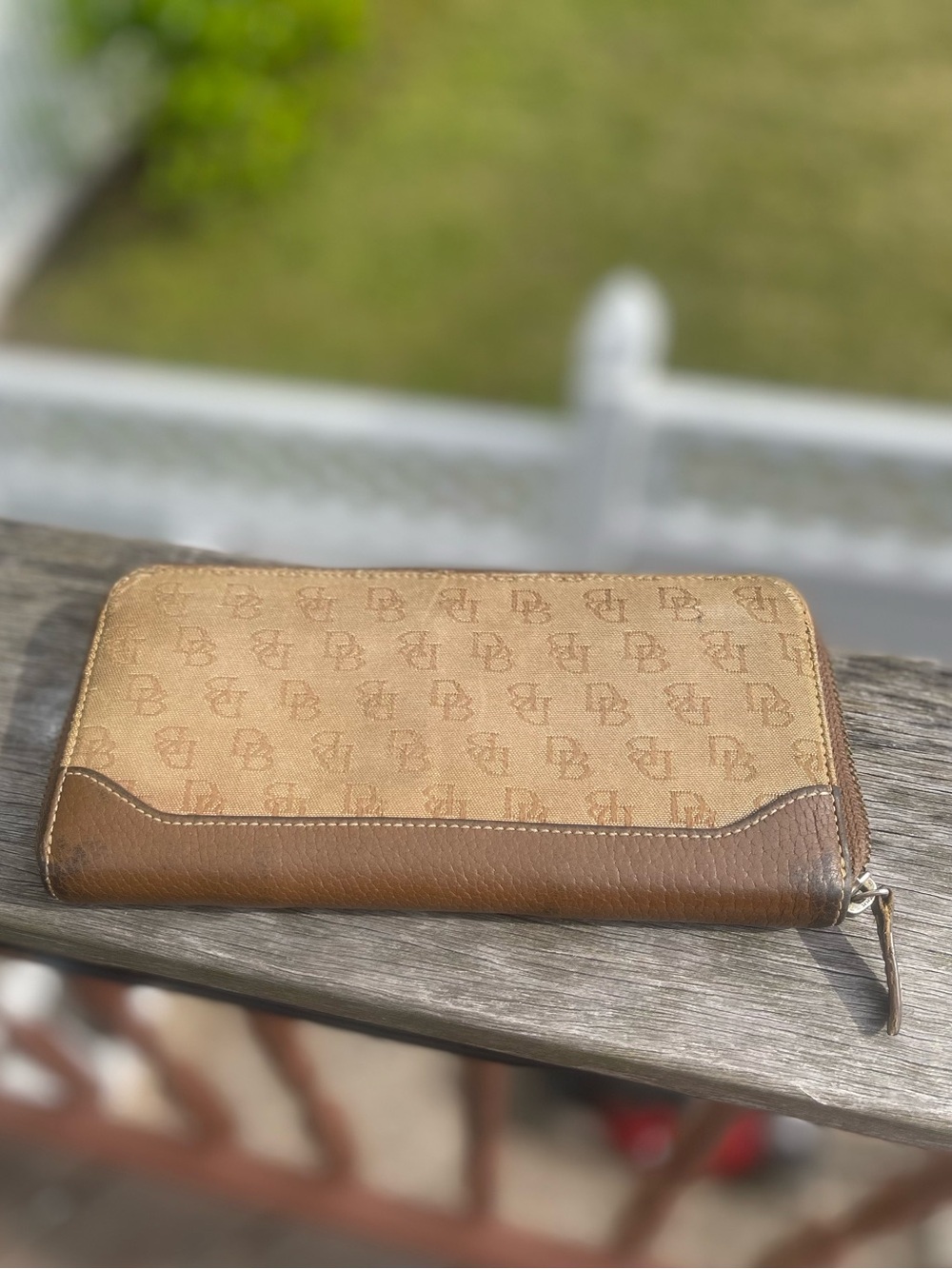 Logo Monogram Zip Wallet in Tan and Brown